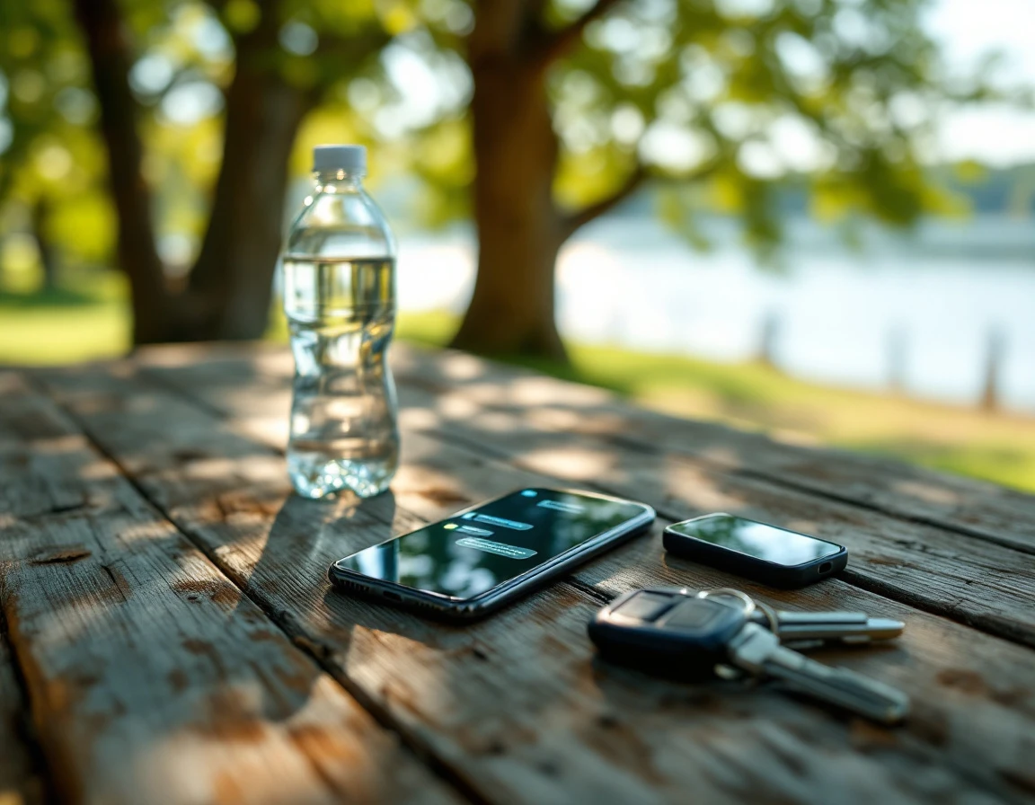Smartphone on outdoor picnic table with notification indicators during summer break