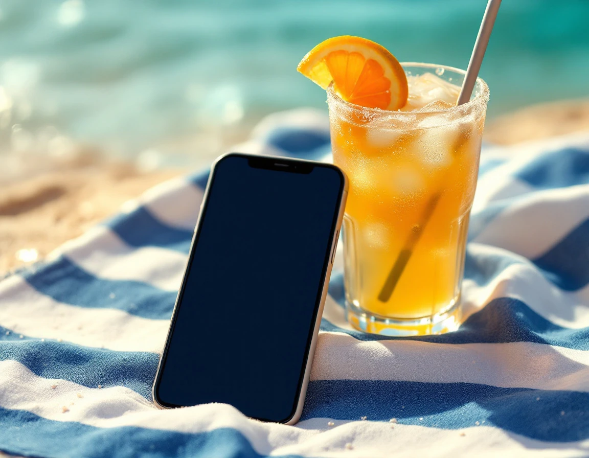 Smartphone on striped beach towel beside tropical drink showing how teams stay connected during summer vacation