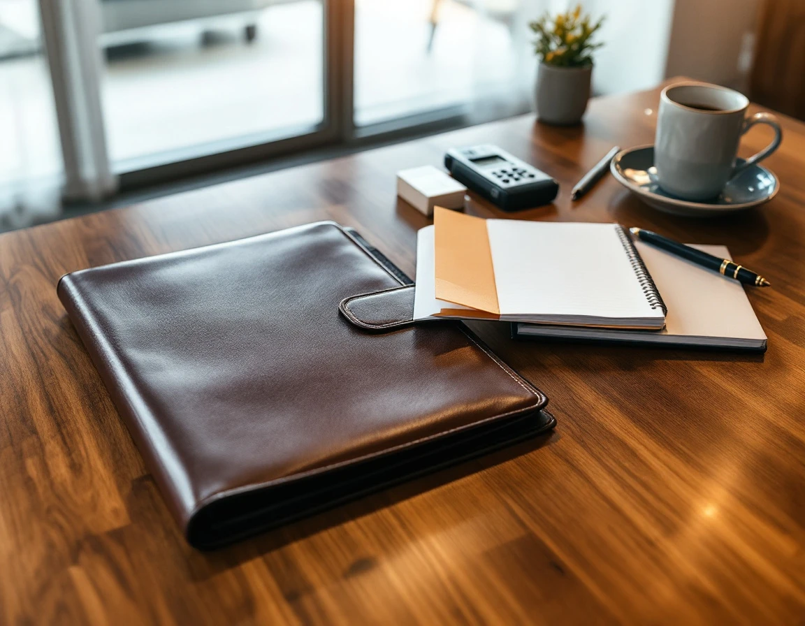 Investigation materials including portfolio folder, audio recorder, and evidence envelope on conference table