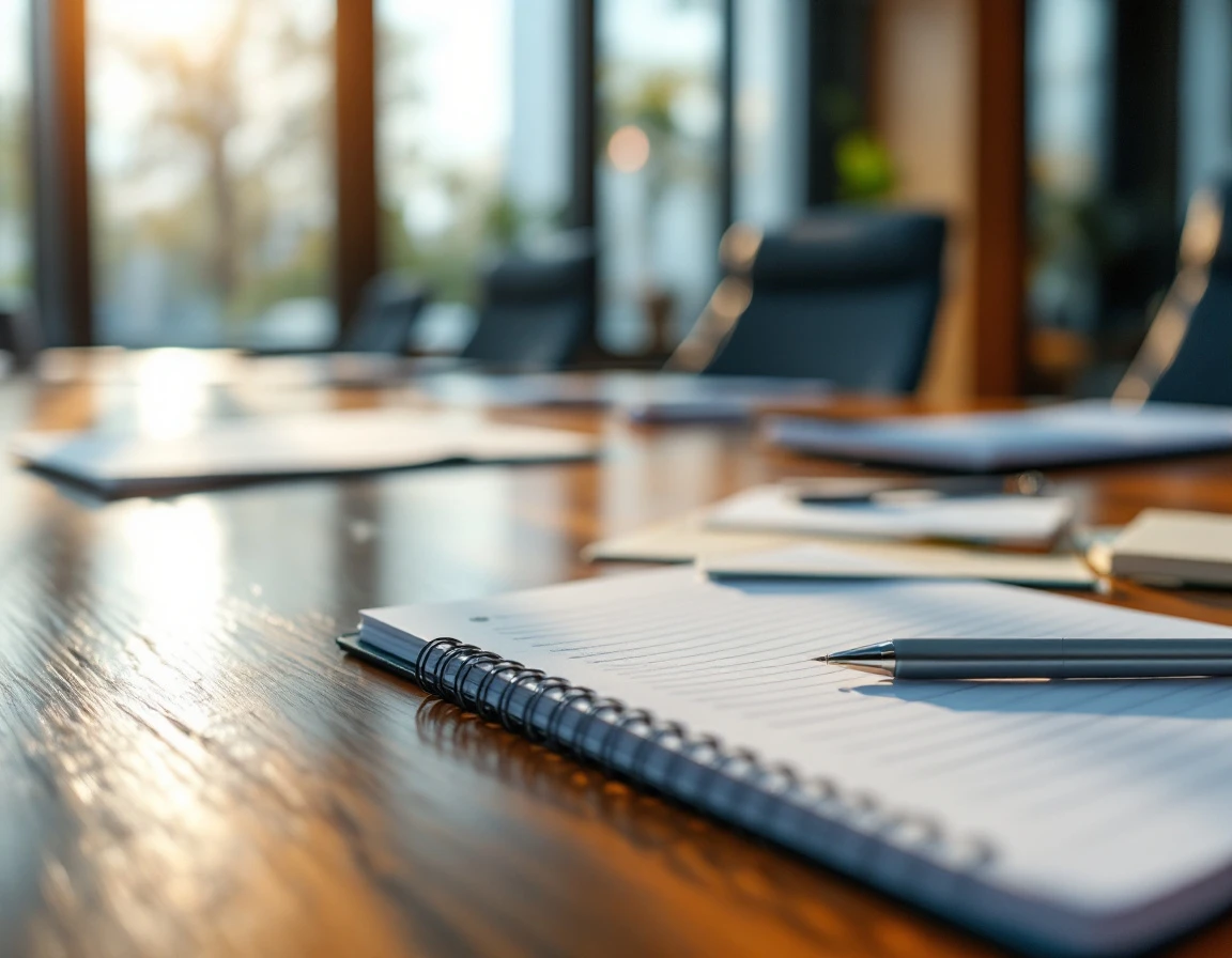 Corporate training materials and notebook on conference table in morning light