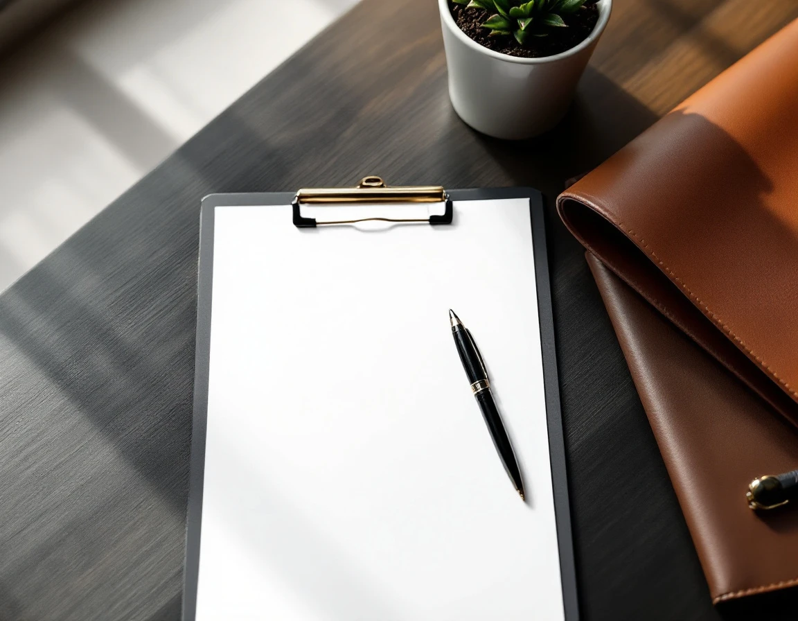 Organized desk workspace with clipboard and pen ready for workplace compliance documentation review