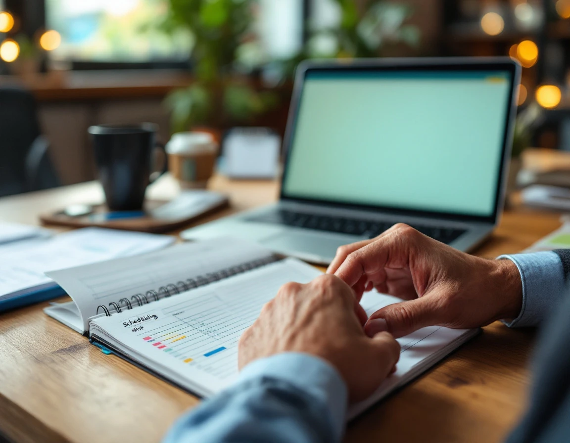 Manager's hands reviewing scheduling notebook and materials on desk with blurred laptop in background