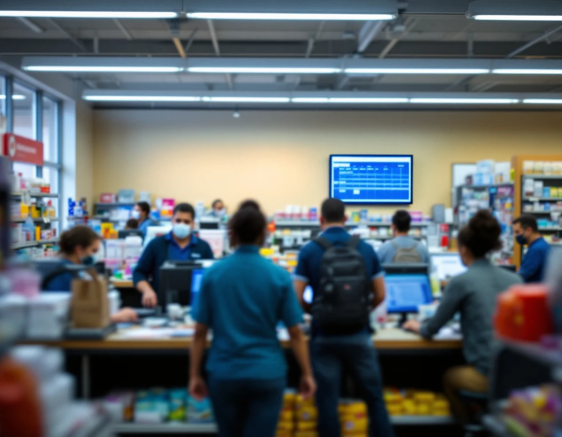 Retail pharmacy employees coordinating workflow at service counters during active business hours