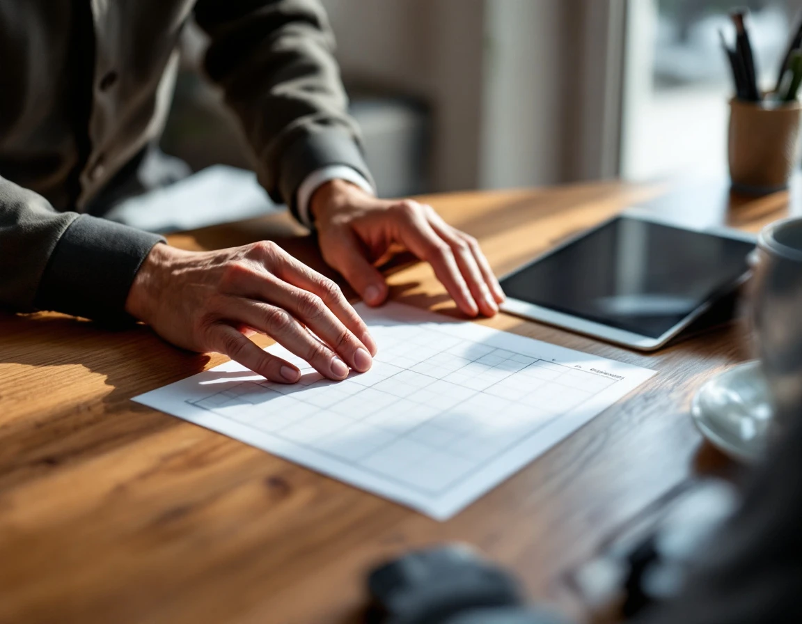 Manager's hands arranging workforce scheduling materials on desk with blank grid paper and tablet