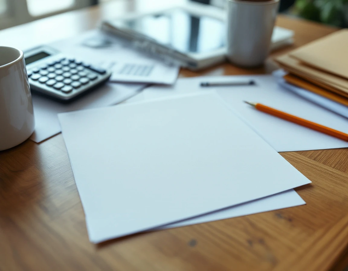 Desk workspace with blank payroll documents, calculator, and coffee mug under natural window lighting