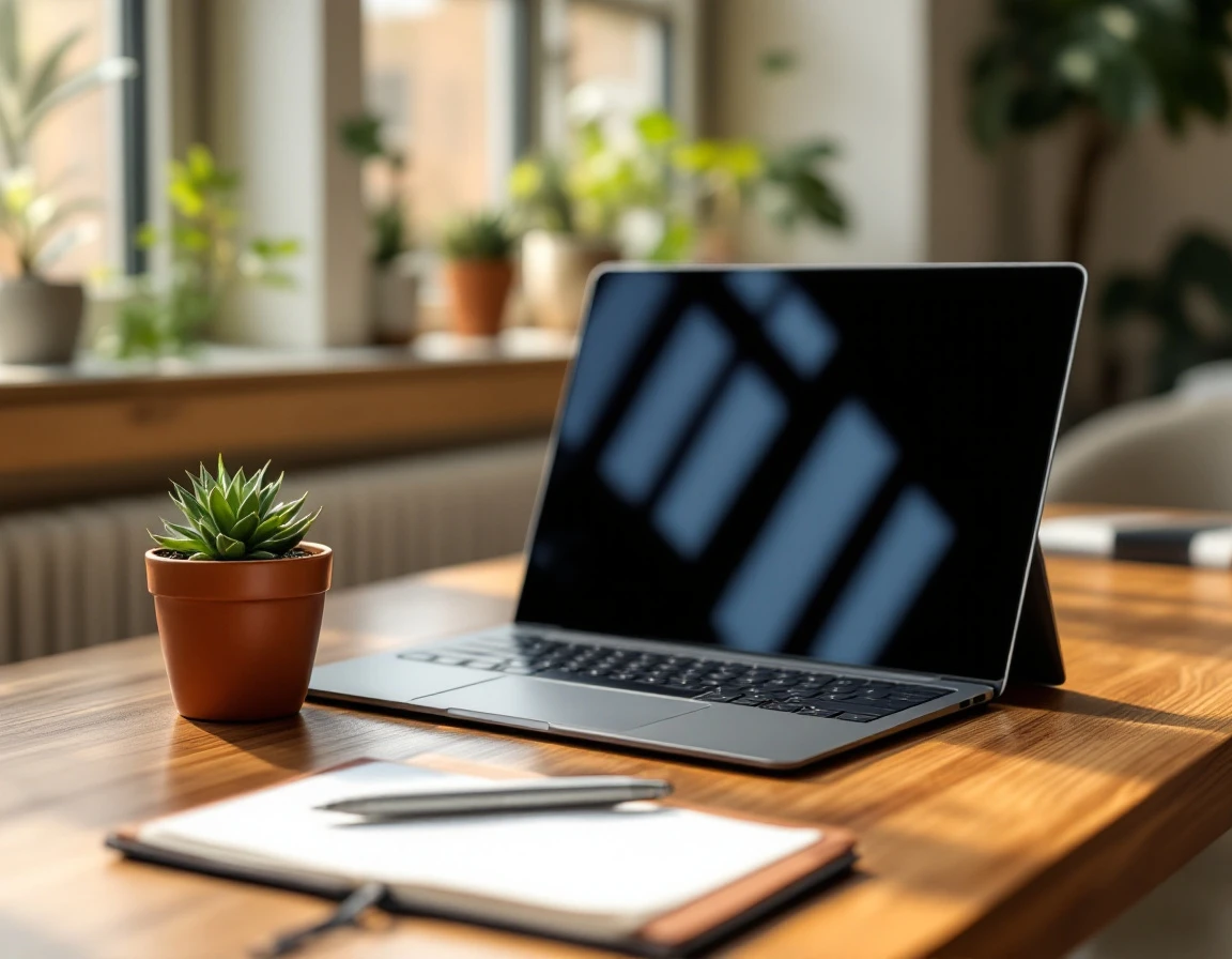 Modern laptop and notebook on wooden desk with natural lighting in professional workspace