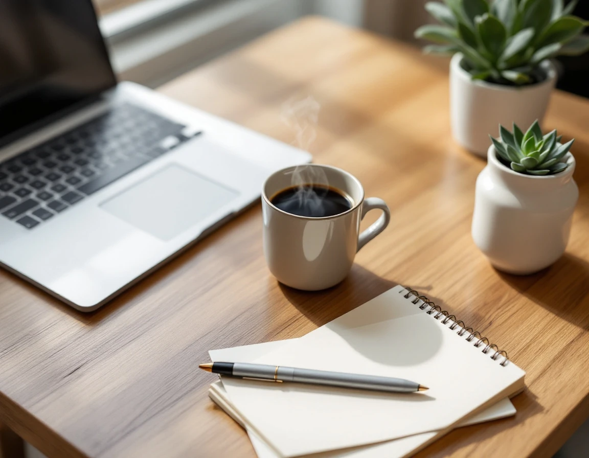 Organized workspace with laptop, coffee, and notepad showing time saved through automated scheduling