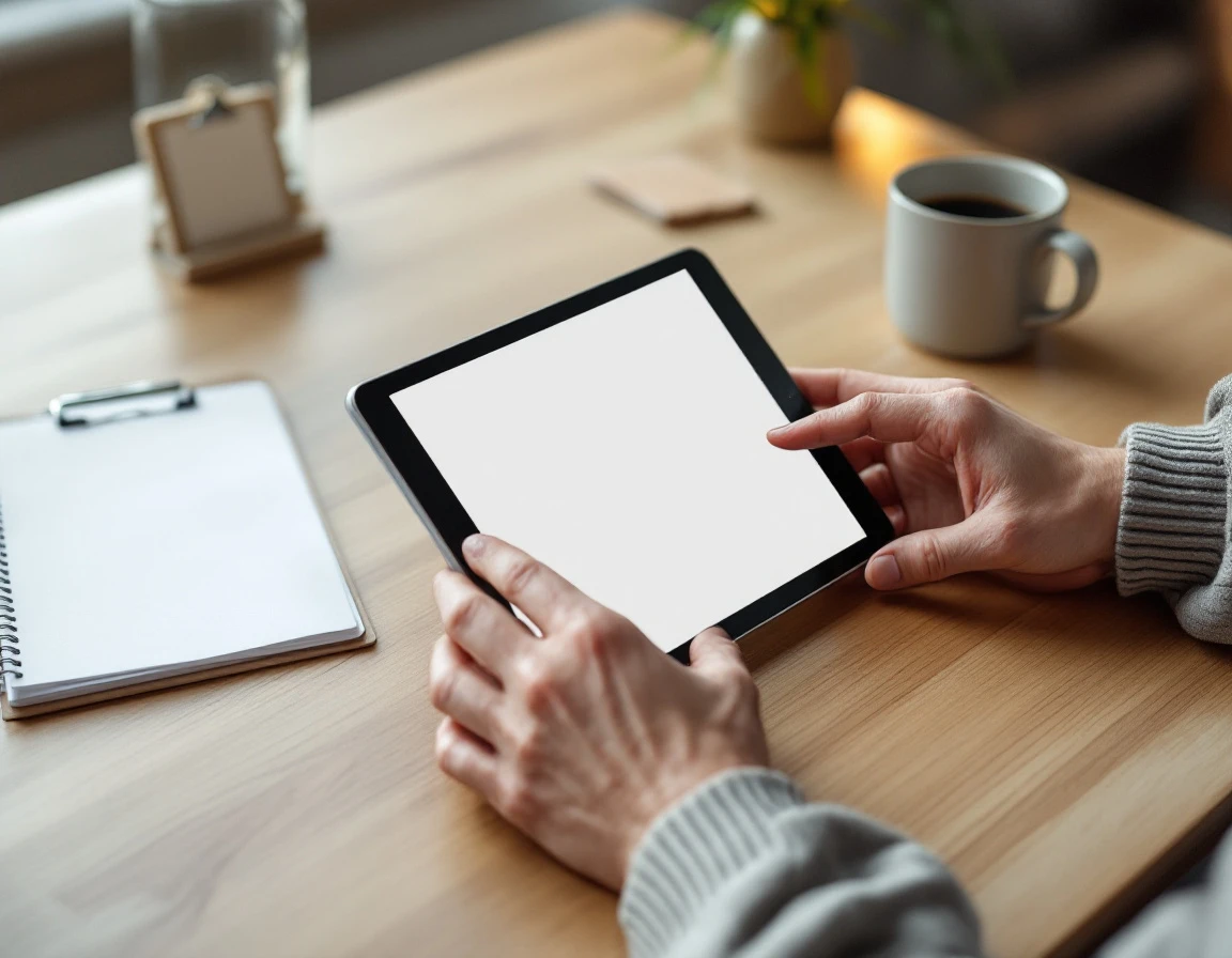 Manager's hands holding tablet on office desk with planner and coffee mug during employee engagement session