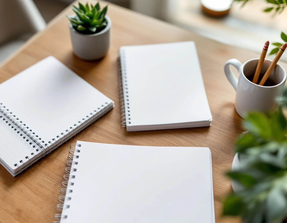 Organized desk workspace with blank notebooks, coffee, and office supplies ready for skill development planning