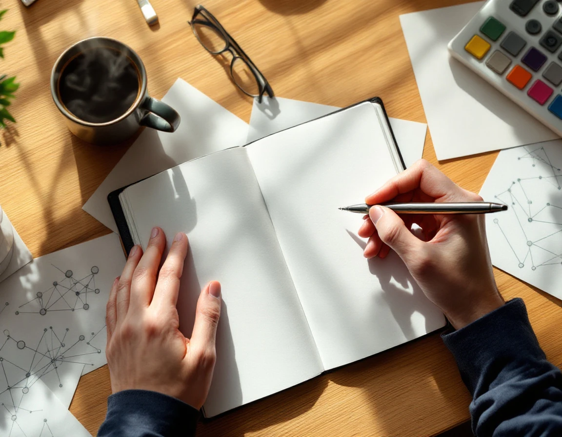Professional's hand with pen poised over blank notebook at wooden desk with coffee during skill development planning