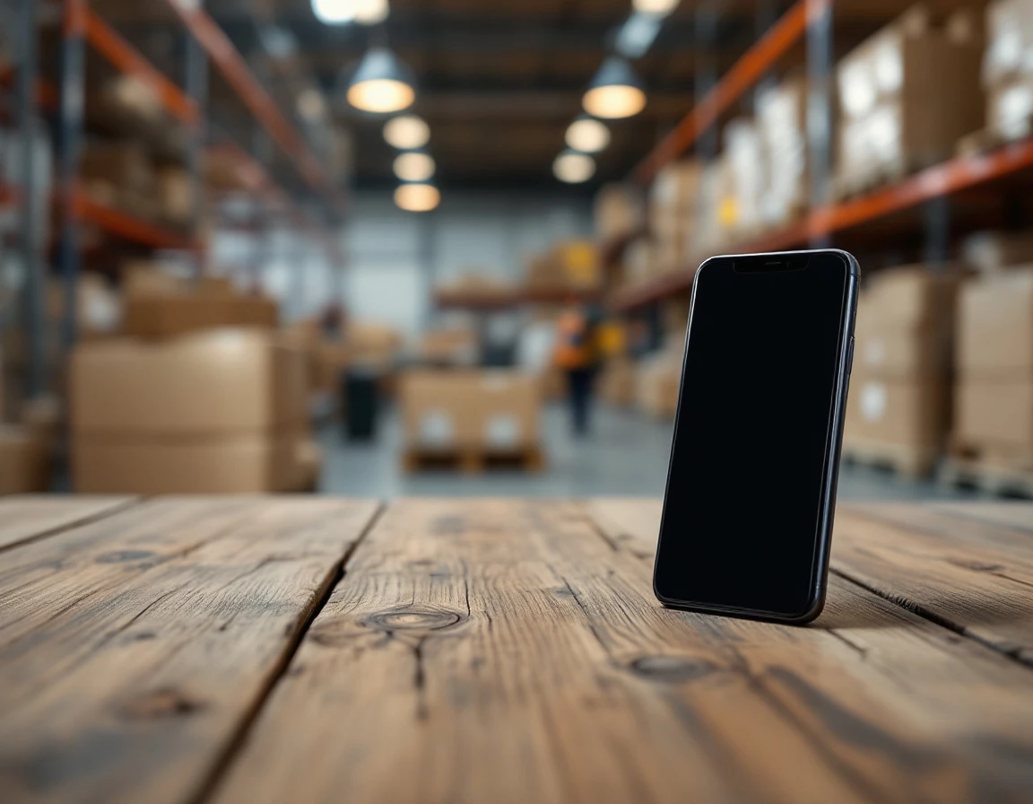 Smartphone on wooden table in warehouse with inventory shelving in background