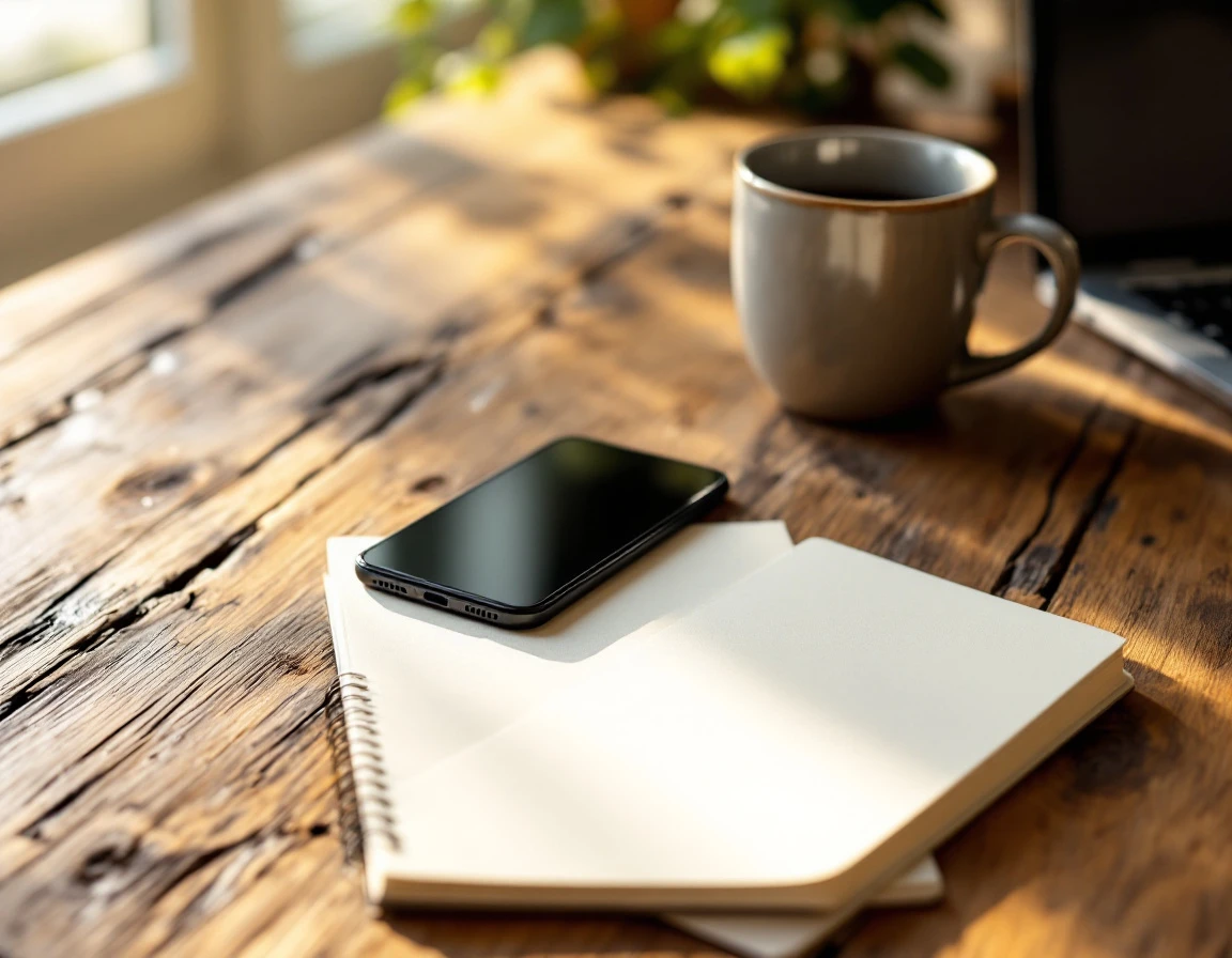Wooden desk workspace with notebook, coffee, and devices arranged for team communication planning
