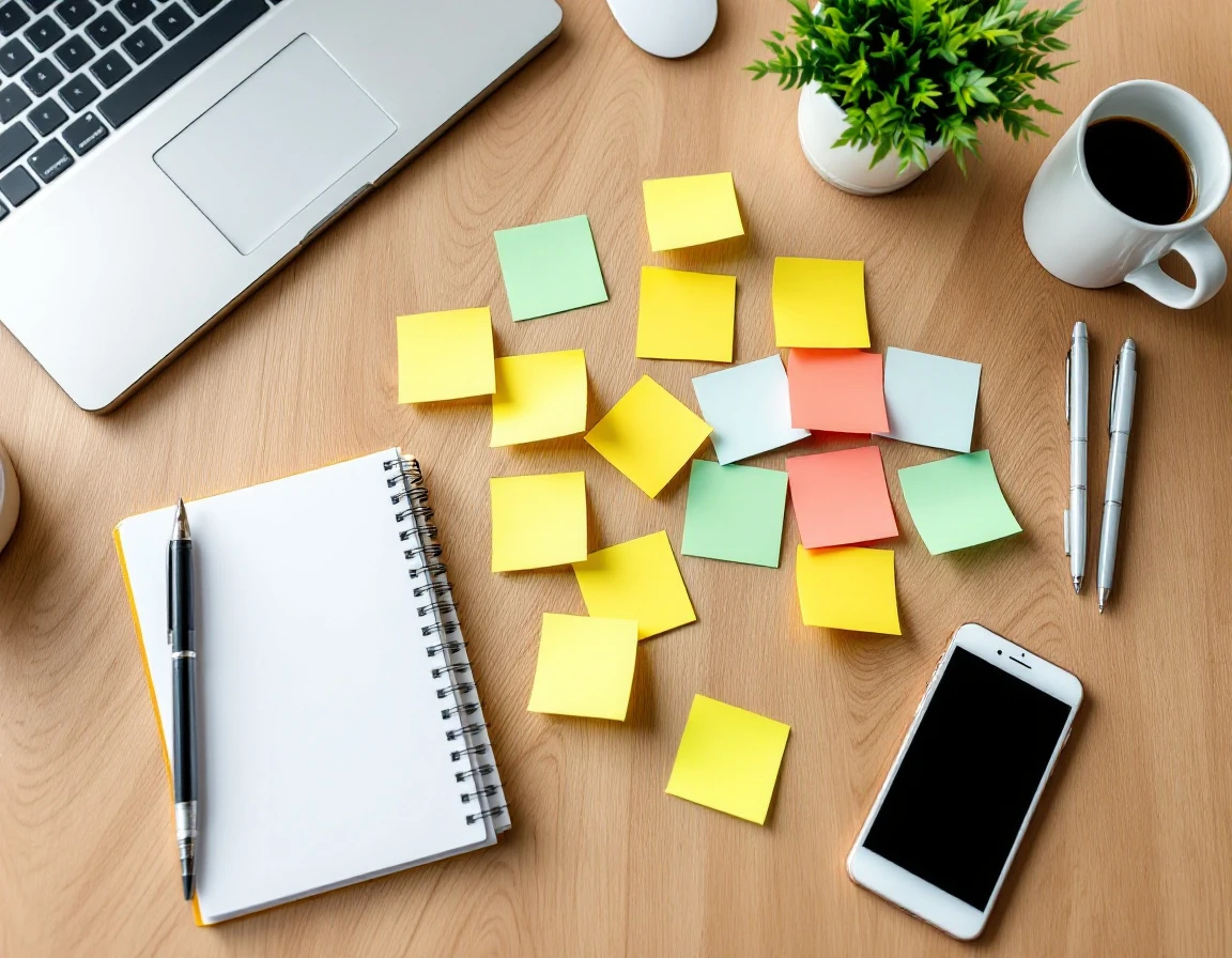 Office desk with colorful sticky notes arranged in diagnostic clusters for workforce planning analysis