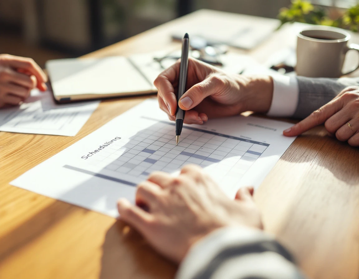 Hands reviewing scheduling documents and calendar grids on office desk with natural lighting