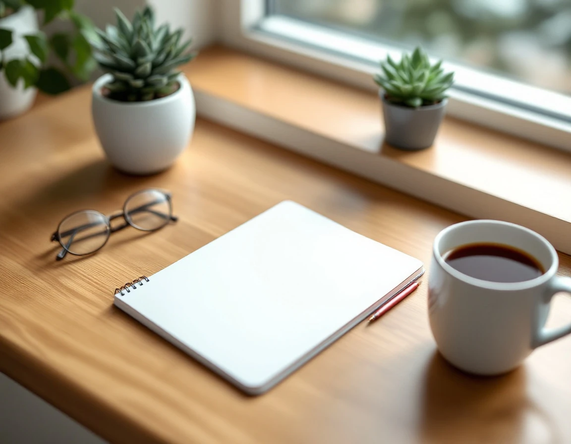 Blank notebook with pen and coffee on wooden desk beside window, representing PTO balance communication planning