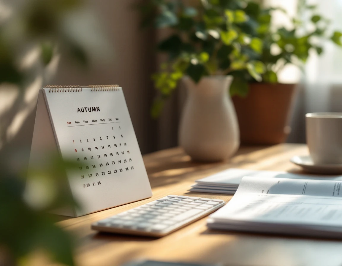 Office desk with autumn calendar and printed materials during end-of-summer workplace planning