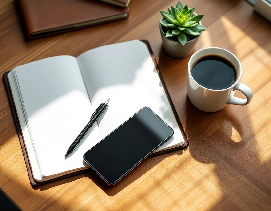 Smartphone and planner on wooden desk with coffee and plant in morning light