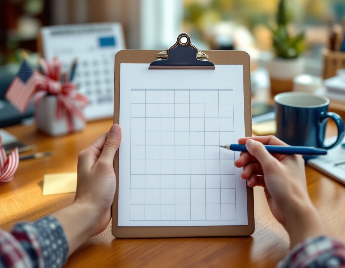 Blank clipboard on wooden desk with July 4th decorations and planning tools for holiday shift scheduling