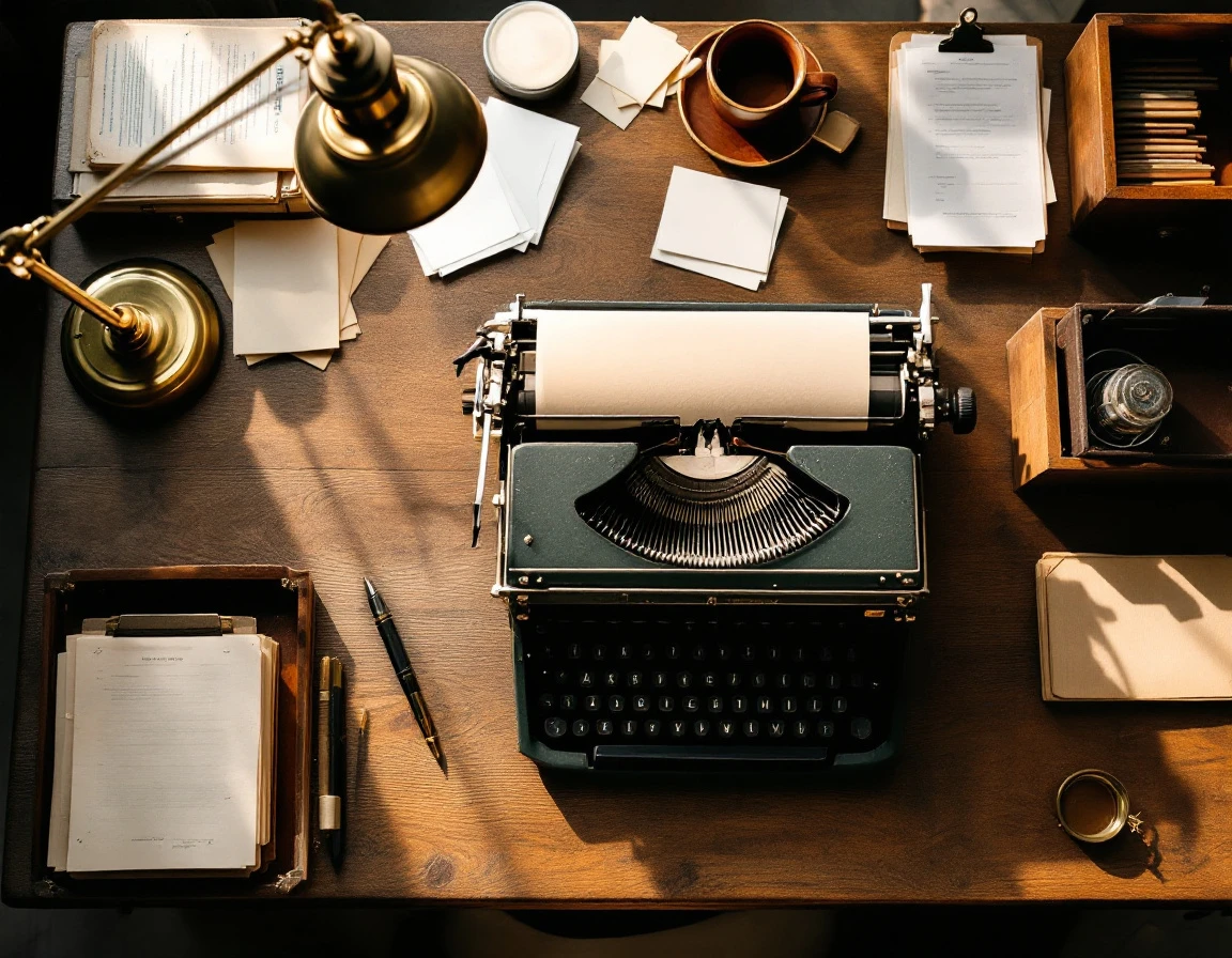 Vintage wooden desk with typewriter, lamp, and organized papers representing meticulous record-keeping