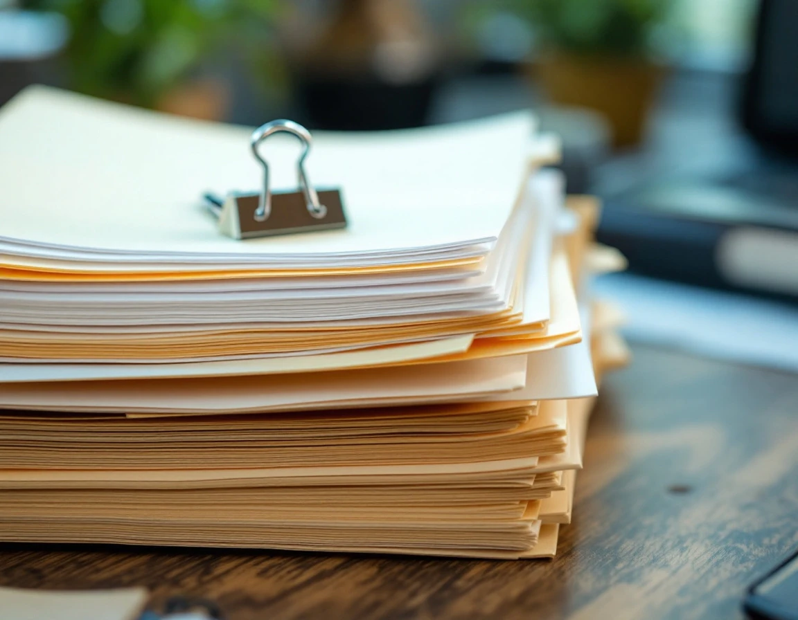 Stacked file folders and binder clips on office desk representing organized time records and audit documentation