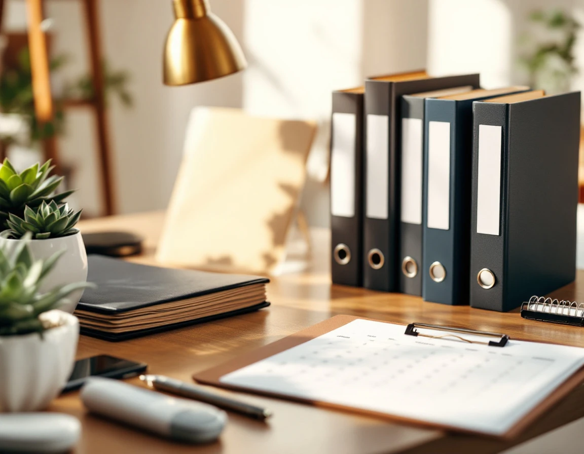 Organized compliance binders, folders, and office supplies on professional desk with calendar and succulent plant