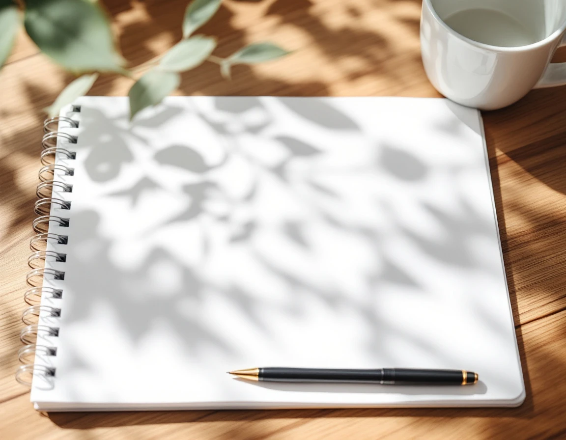 Blank spiral notebook on wooden desk with coffee cup and pen for planning holiday time-off schedules