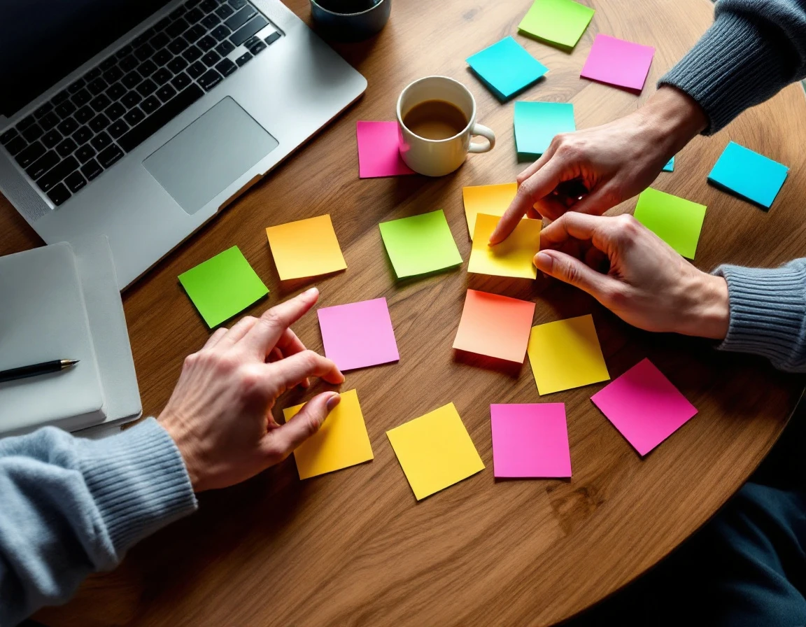Hands organizing color-coded sticky notes on wooden desk during time-off request planning session