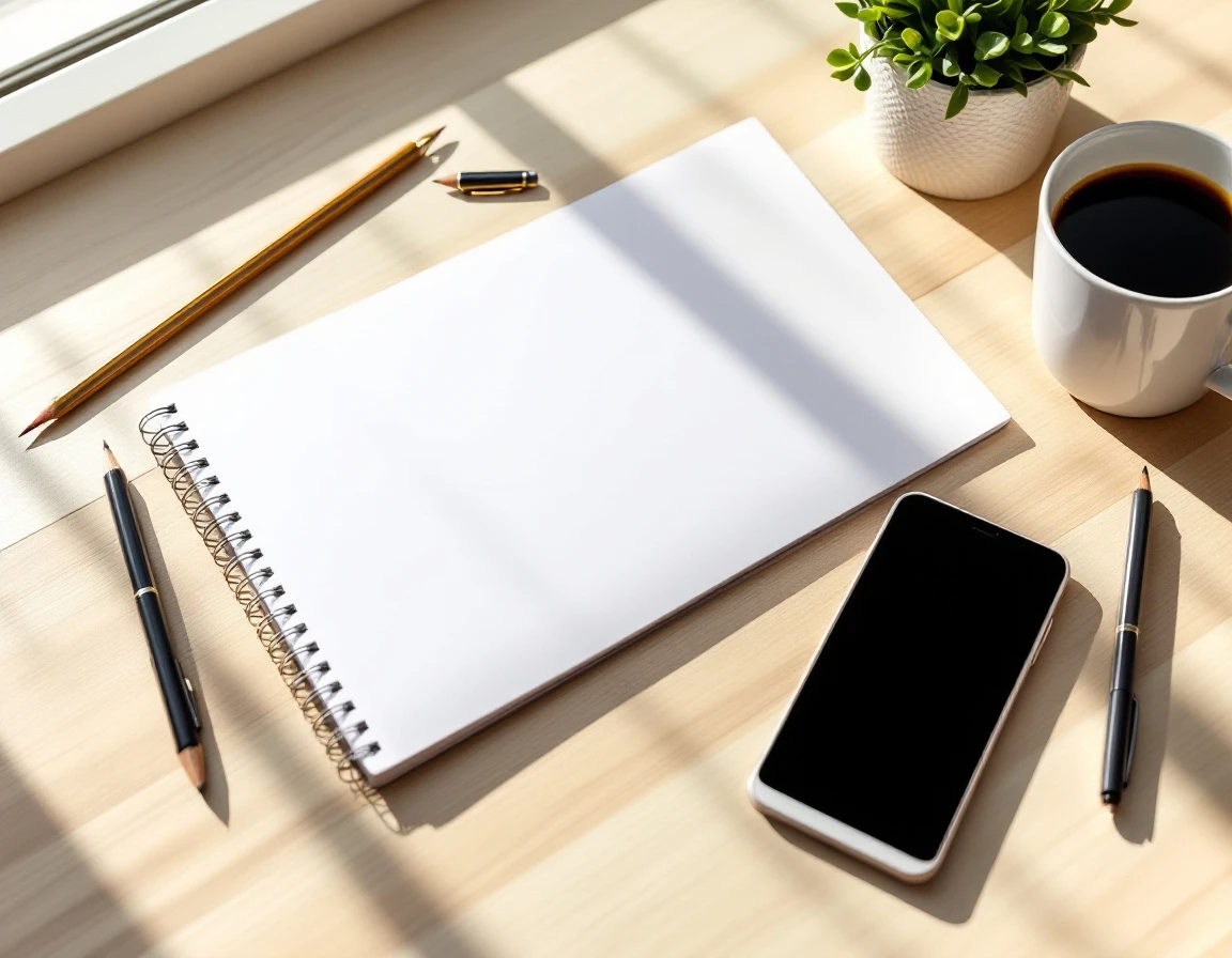 Organized desk workspace with blank notebook, coffee mug, and smartphone representing streamlined scheduling