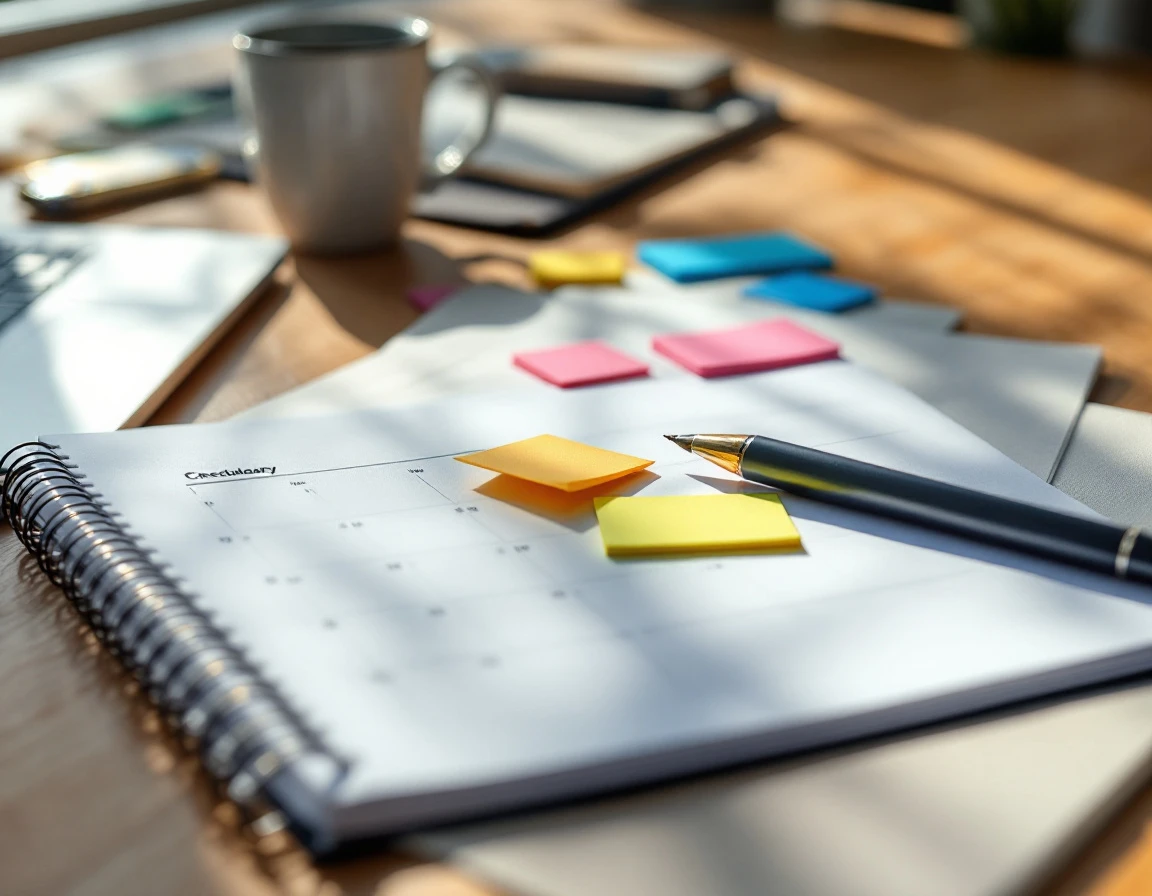 Close-up of workspace with planner, calendar, and scheduling materials on wooden desk with natural lighting