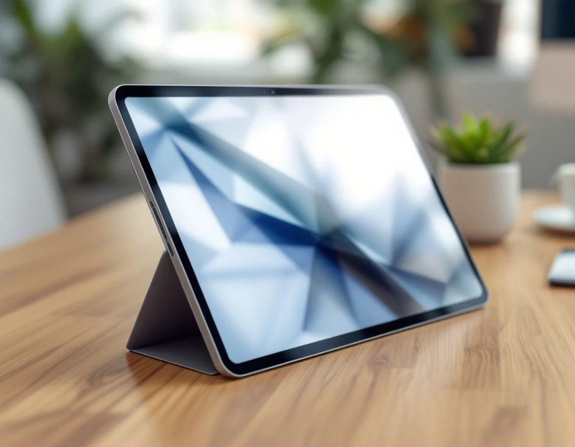 Tablet device on wooden desk with blurred screen showing abstract interface elements in modern office workspace