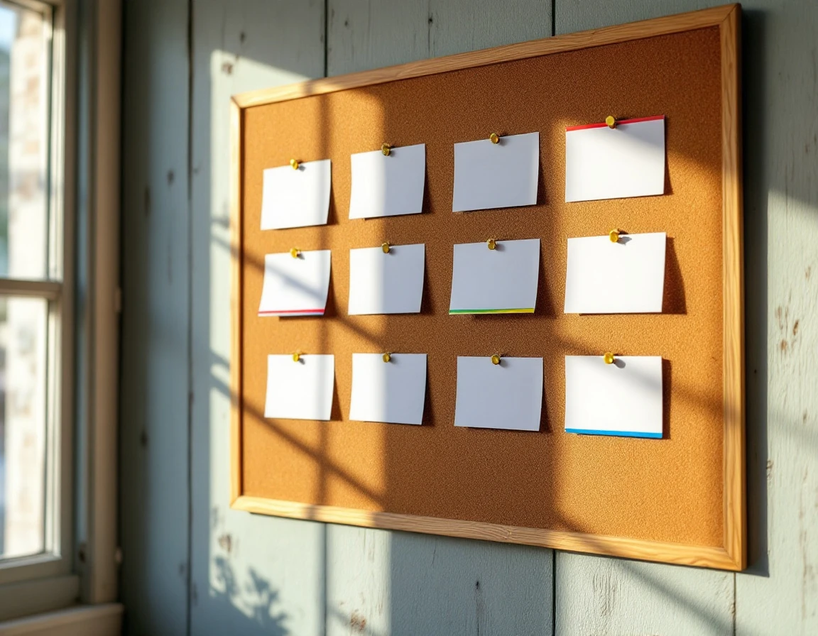 Cork board with color-coded shift cards pinned in organized rows showing holiday scheduling system