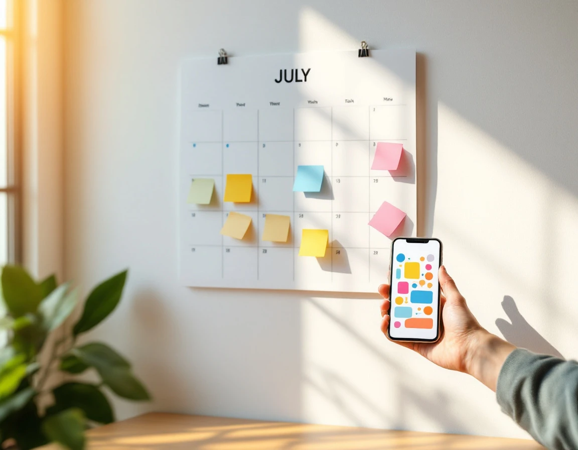 Wall calendar with colorful sticky notes and smartphone showing scheduling app interface