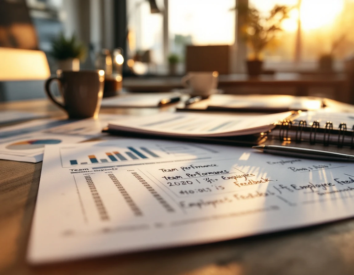Manager's desk with printed team reports, handwritten notes, and coffee in natural office lighting