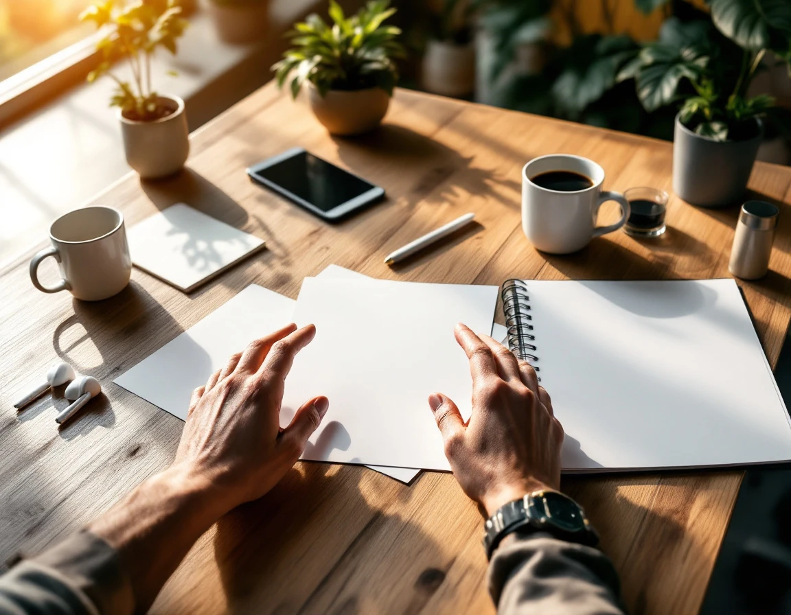 Collaborative workspace with hands, blank papers, and coffee in warm natural office lighting