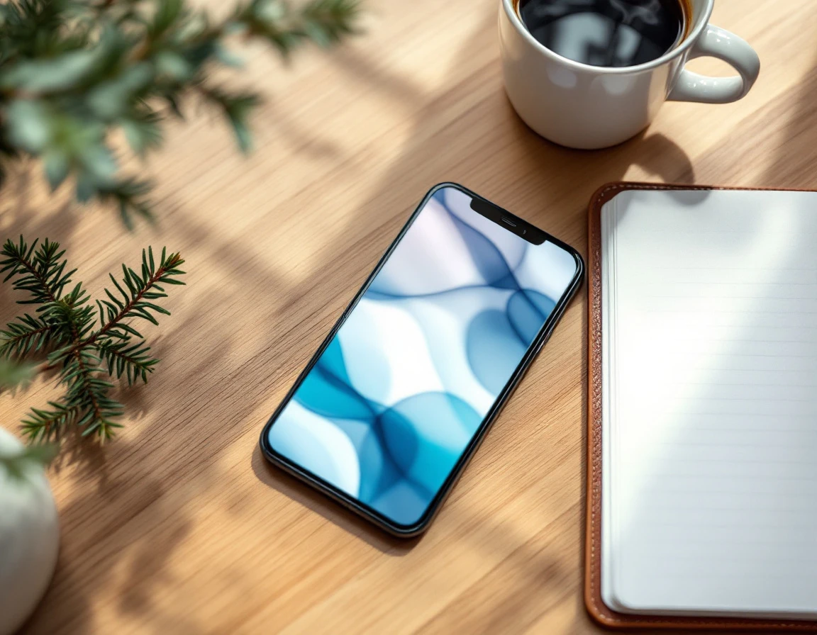 Smartphone with blurred screen on desk beside holiday greenery and coffee during July 4 scheduling season