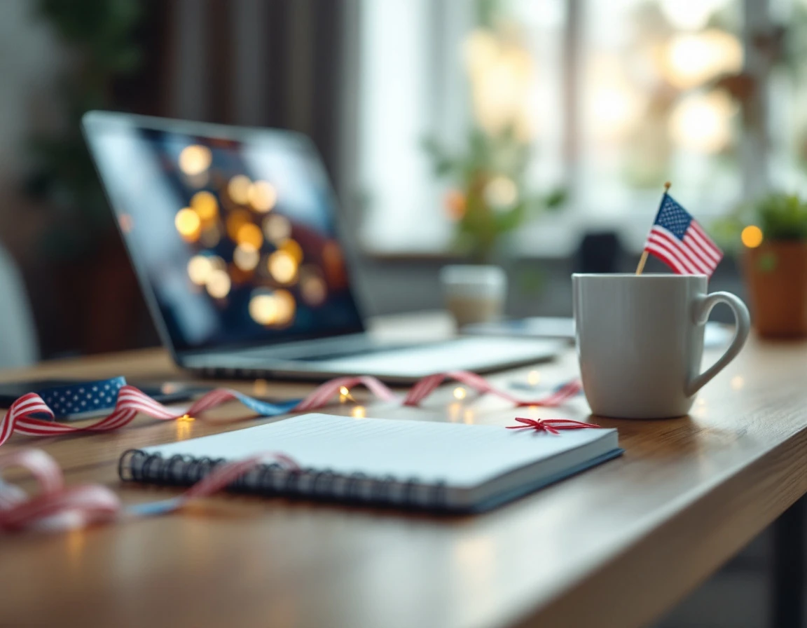 Organized workspace with subtle July 4th decorations and coffee mug on wooden desk with soft natural lighting