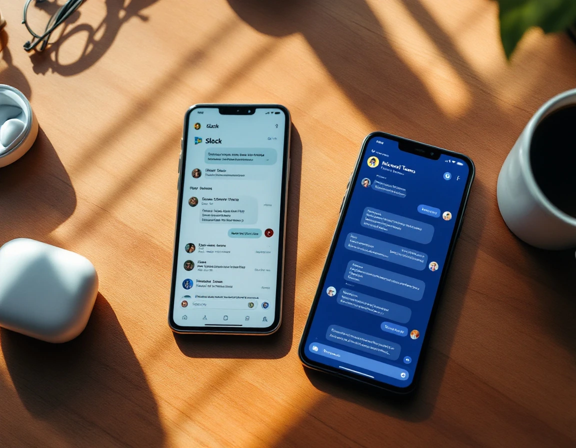 Two smartphones displaying Slack and Teams mobile interfaces on workspace desk with natural lighting