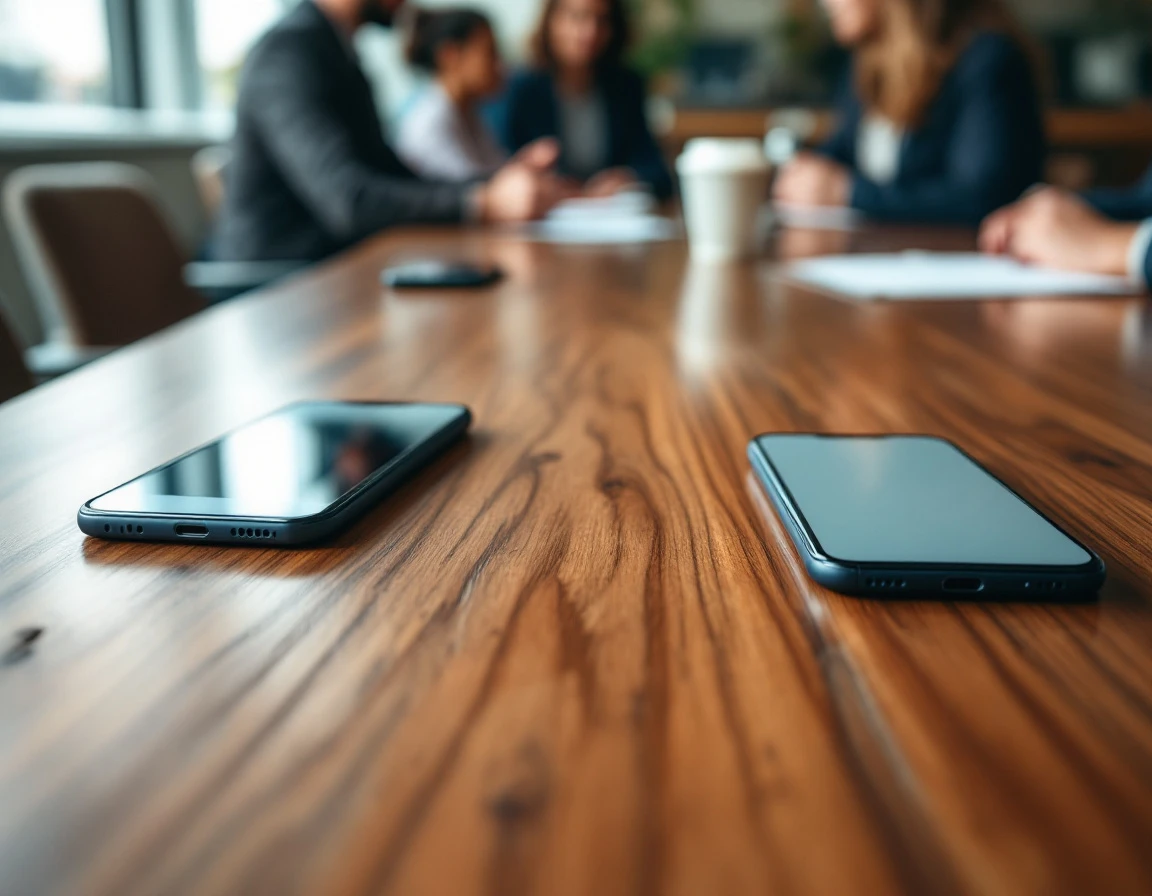 Modern smartphones arranged naturally on conference table during team meeting with professionals in background
