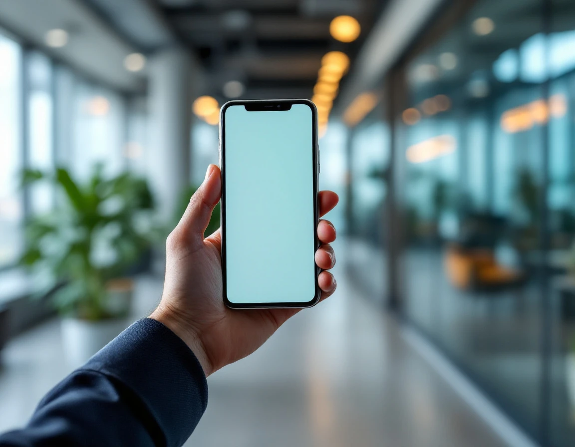 Smartphone displaying team communication app in modern office lobby with natural window lighting