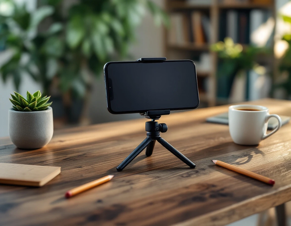 Smartphone on tripod setup at desk workspace with plants and minimal office accessories