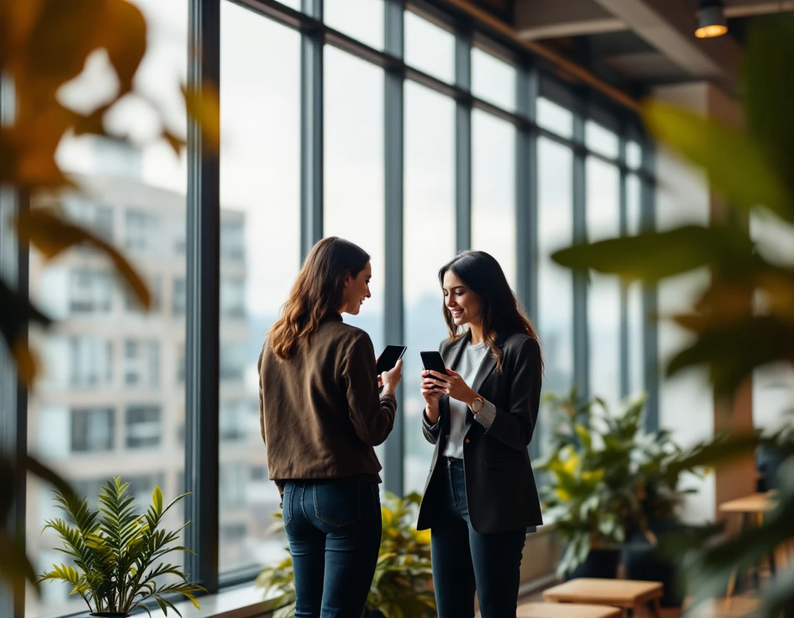 Two colleagues collaborating with mobile devices in a modern Seattle office with natural lighting