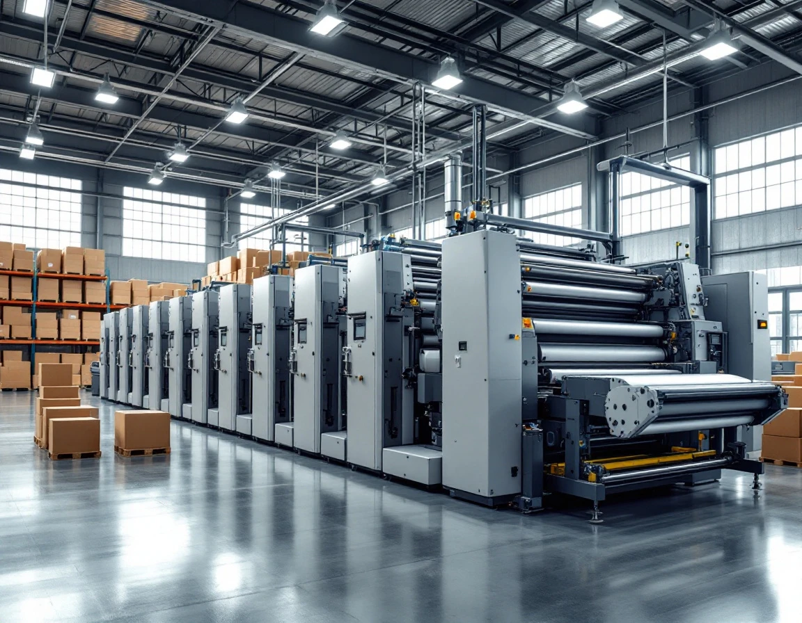 Large format industrial printing press in modern warehouse with cardboard inventory and natural lighting