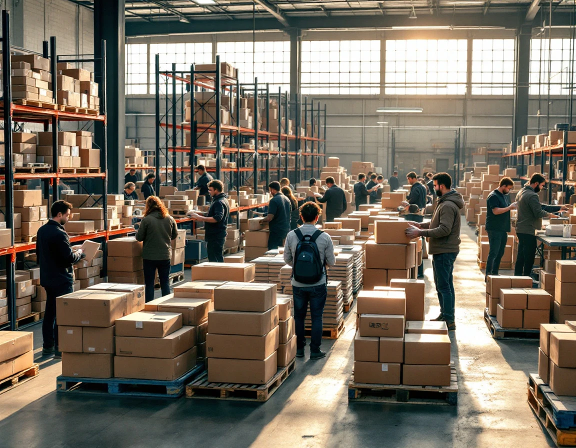 Warehouse workers sorting packages and processing inventory during autumn peak shipping season