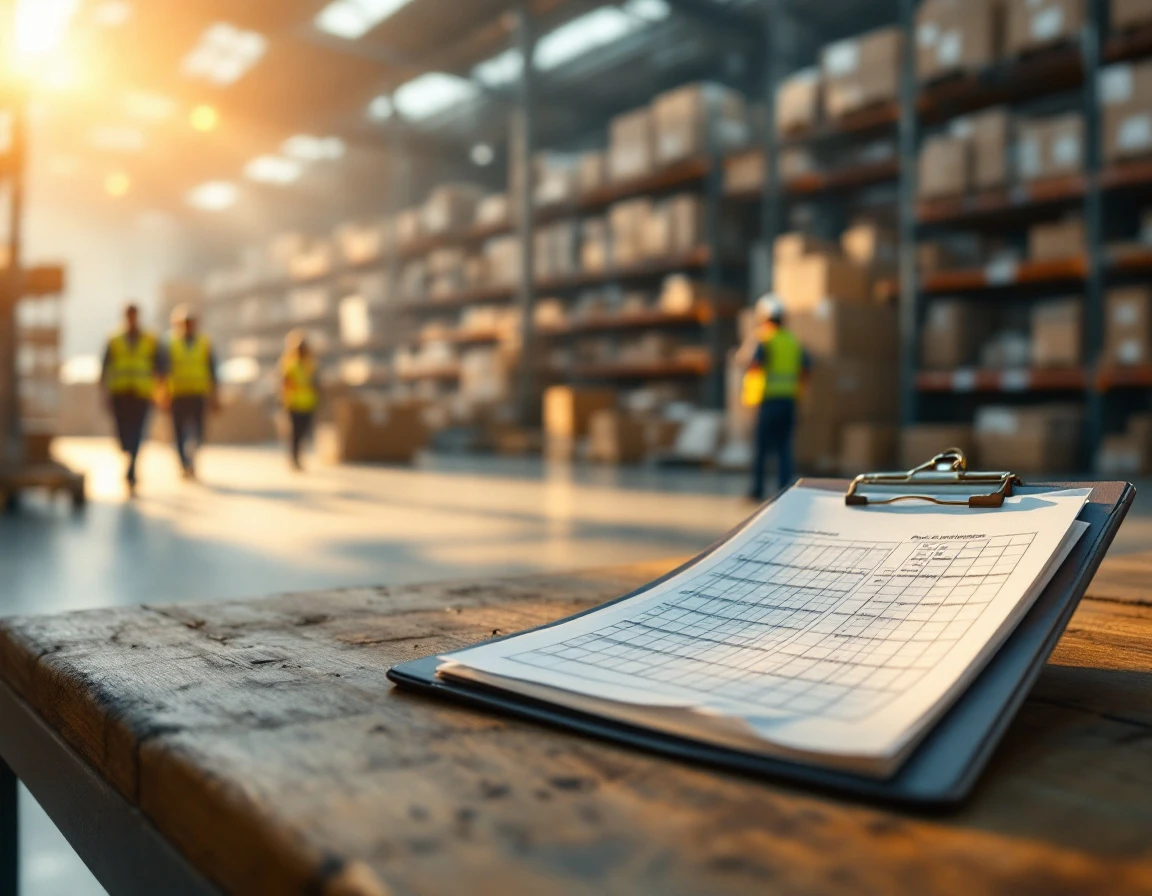 Warehouse workbench with staffing schedules and shipping documentation during peak season preparation