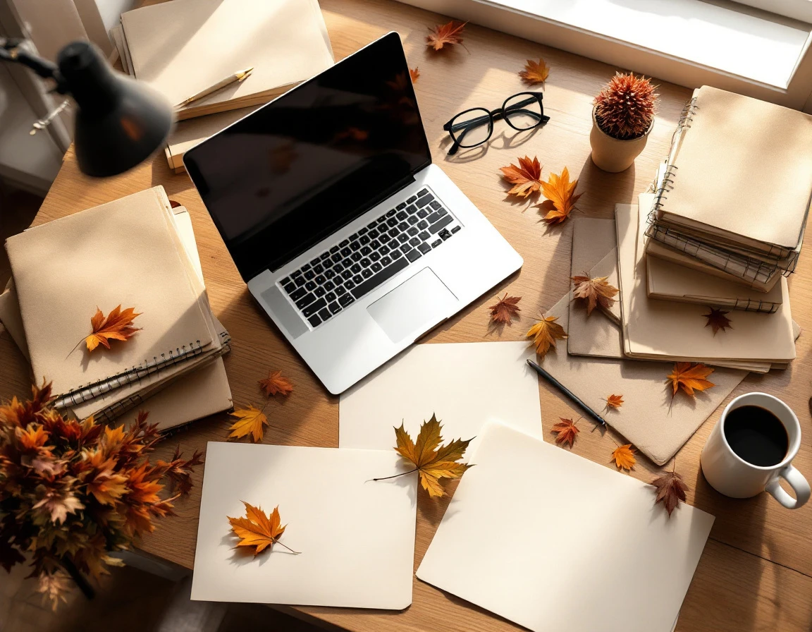 Overhead view of planning workspace with laptop, stacked documents, autumn leaves, and coffee on wooden desk