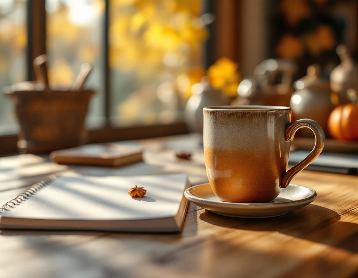 Ceramic coffee mug and notebook on wooden desk in autumn office workspace with natural morning light