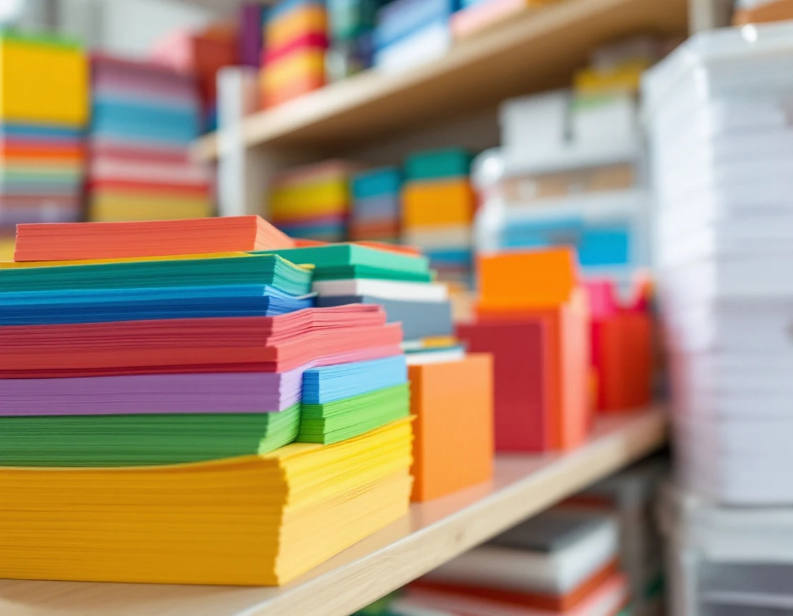 Organized shelves stocked with copy paper, cardstock, and laminating supplies for back-to-school printing