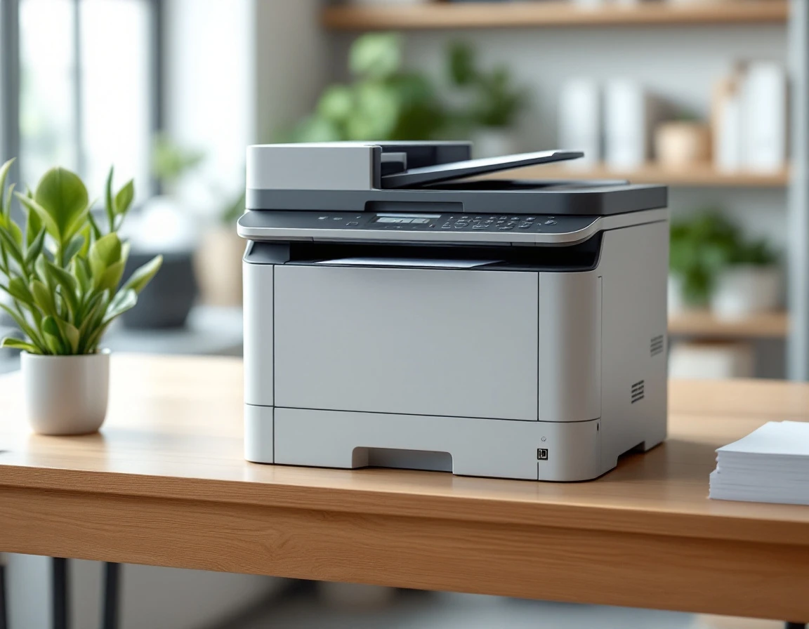 Professional laser printer with paper tray and control panel on wooden desk in naturally lit workspace