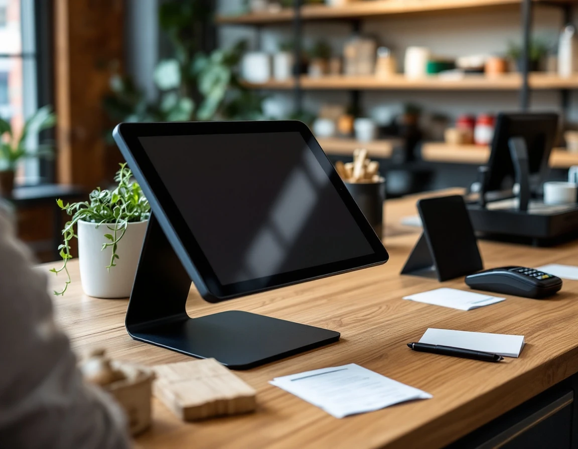 Modern tablet POS system on retail counter with card reader and authentic shop accessories