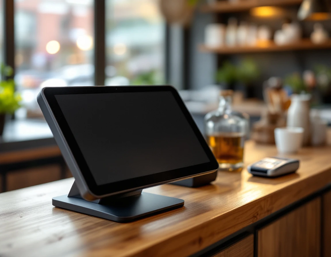 Modern POS terminal and card reader on retail counter with natural lighting and authentic material finishes
